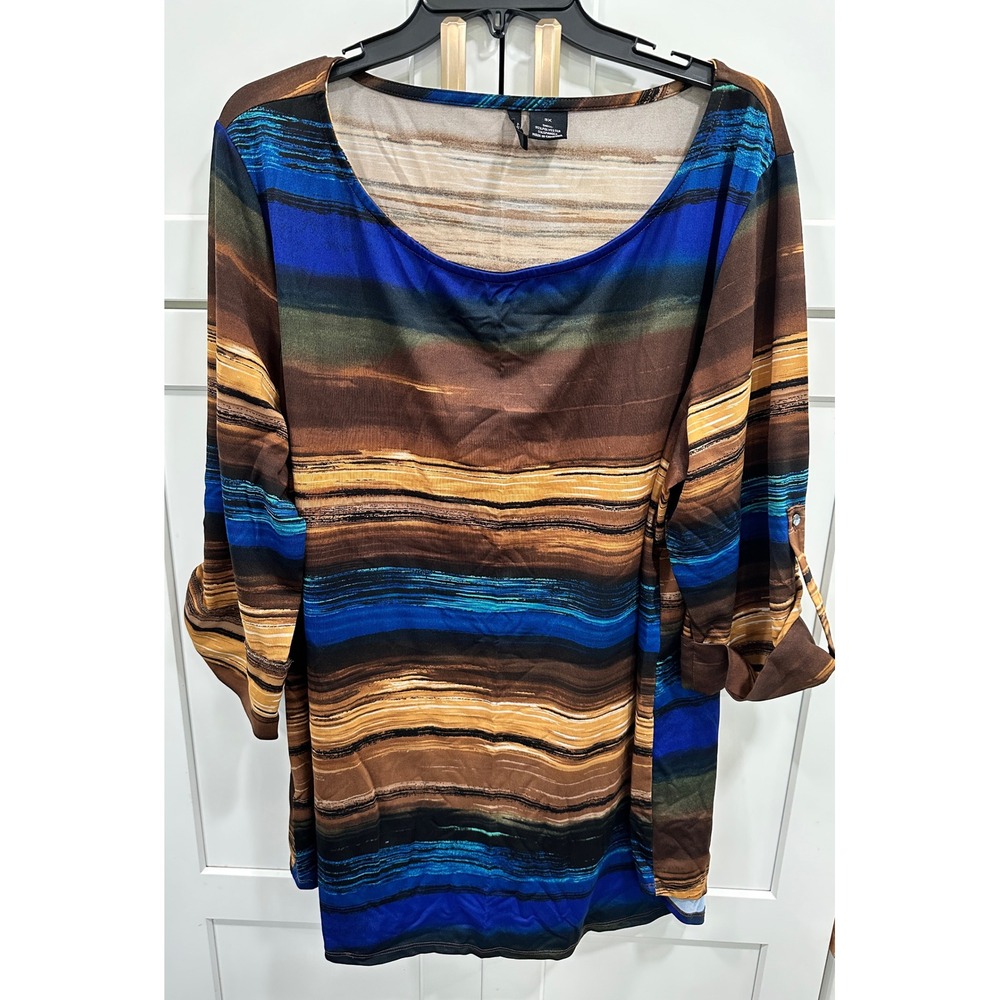 New Directions Tunic Top Roll Tab Sleeve Abstract Print Blouse 3X